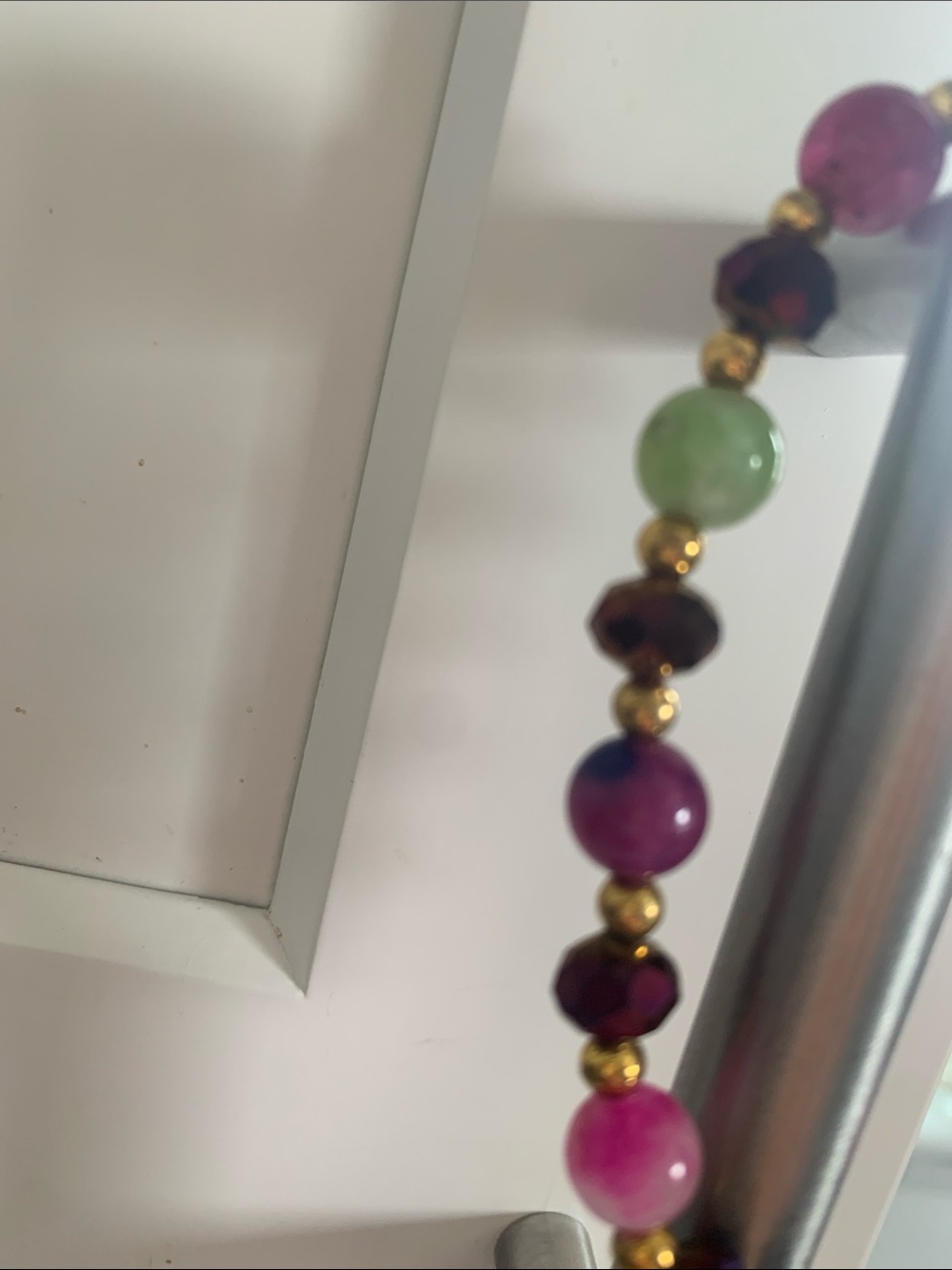 Beautiful Pink, Purple & Green Beaded Bracelet with Gold Leaf Charm - Picture 4 of 5